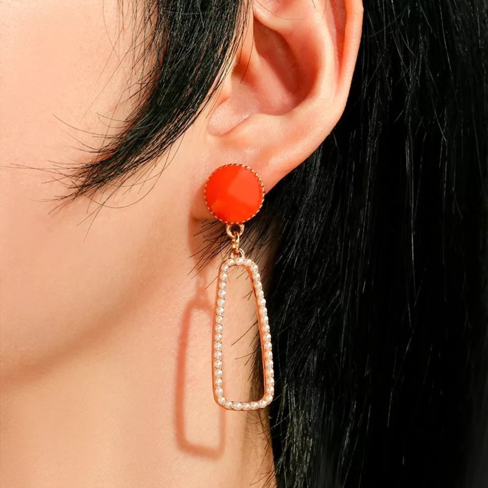 Anthropologie Gold Plated Orange Enamel Pearl Cutout Drop Earrings